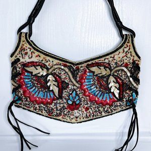 BCBGMAXAZRIA Beaded Clutch Bag Evening Purse Sequin Handbag Leather Flower